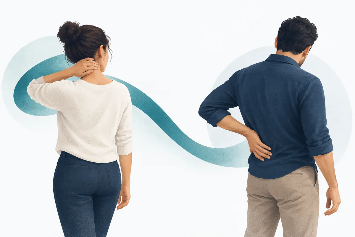 Ilustración de dos personas señalando molestias en el cuello y la espalda baja