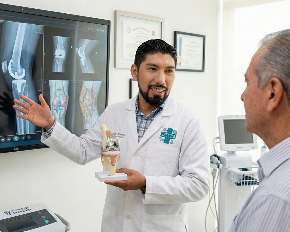 Paciente adulto mayor caminando activamente en playa de Punta Mita tras recuperación de cirugía de prótesis de rodilla